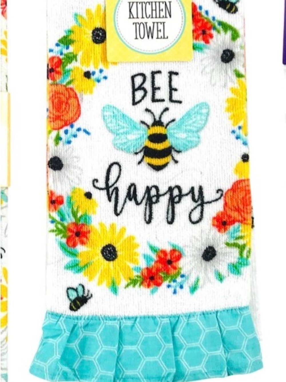 Bee Happy Floral Kitchen Towel - Turquoise Ruffle